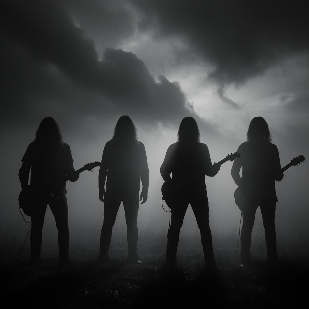 Silhuetas da banda Impermanência sob céu tempestuoso